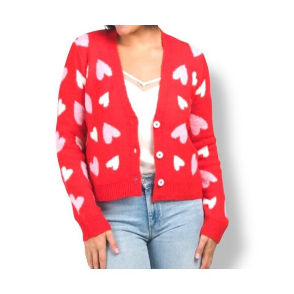 Cupcakes and Cashmere Red Heart Print Cardigan Women’s Size Small Oversized Cozy - Picture 1 of 14